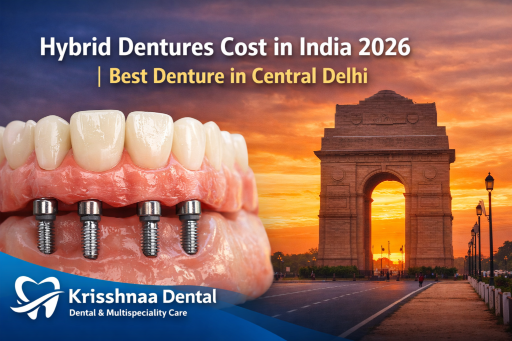 Hybrid dentures cost in India 2026 banner showing implant supported dentures with dental implants and India Gate background promoting best denture in Central Delhi at Krisshnaa Dental & Multispeciality Care
