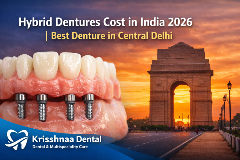 Hybrid dentures cost in India 2026 banner showing implant supported dentures with dental implants and India Gate background promoting best denture in Central Delhi at Krisshnaa Dental & Multispeciality Care