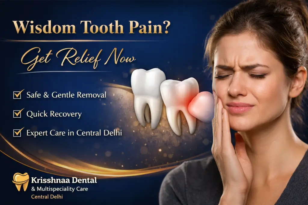 Struggling with wisdom tooth pain? Get painless wisdom tooth extraction in Central Delhi at Krisshnaa Dental & Multispeciality Care. Safe, quick recovery and affordable care you can trust.