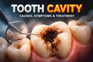 Close-up cinematic image of a molar tooth cavity showing early tooth decay signs with dental mirror and explorer tool at Krisshnaa Dental Delhi