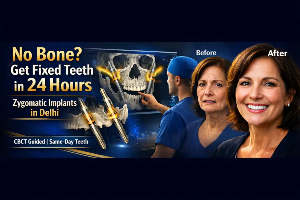 Patient smile transformation after zygomatic implant treatment for severe upper jaw bone loss at Krisshnaa Dental Central Delhi