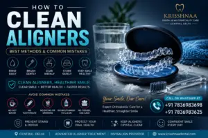 clear aligners being cleaned beside a toothbrush and aligner case with tips for proper aligner cleaning from Krisshnaa Dental & Multispeciality Care, Central Delhi.