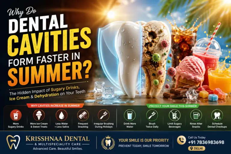3D cinematic dental banner showing a tooth affected by sugary drinks, dehydration, and summer habits leading to cavities