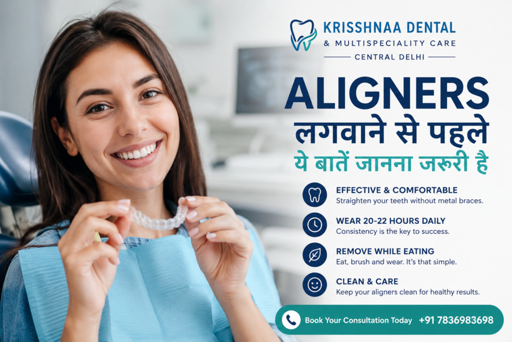 Clear aligners treatment consultation at Krisshnaa Dental & Multispeciality Care, Central Delhi showing a patient holding transparent aligners before starting teeth straightening treatment.