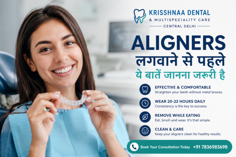 Clear aligners treatment consultation at Krisshnaa Dental & Multispeciality Care, Central Delhi showing a patient holding transparent aligners before starting teeth straightening treatment.
