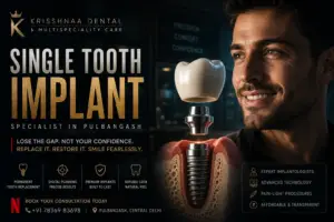 Patient smiling after a single tooth dental implant treatment at Krisshnaa Dental & Multispeciality Care in Pulbangash, Central Delhi, featuring a premium dental implant illustration and advanced implant dentistry.