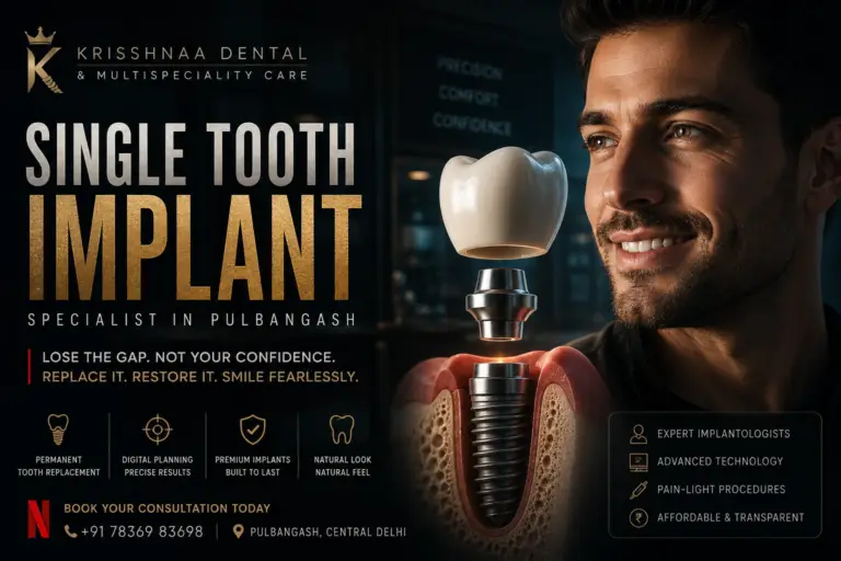 Patient smiling after a single tooth dental implant treatment at Krisshnaa Dental & Multispeciality Care in Pulbangash, Central Delhi, featuring a premium dental implant illustration and advanced implant dentistry.