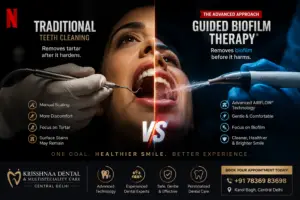 Learn the difference between Guided Biofilm Therapy and traditional scaling. Discover a gentler way to remove plaque, protect gums, and keep your smile healthy.