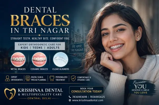 Young woman smiling confidently with dental braces, promoting expert orthodontic treatment, metal braces, ceramic braces and clear aligners near Tri Nagar at Krisshnaa Dental & Multispeciality Care, Central Delhi.