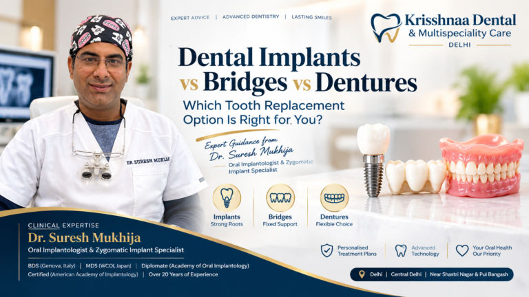 Dr. Suresh Mukhija at Krisshnaa Dental & Multispeciality Care, Delhi, featured in an educational banner comparing dental implants, dental bridges and dentures for missing teeth.