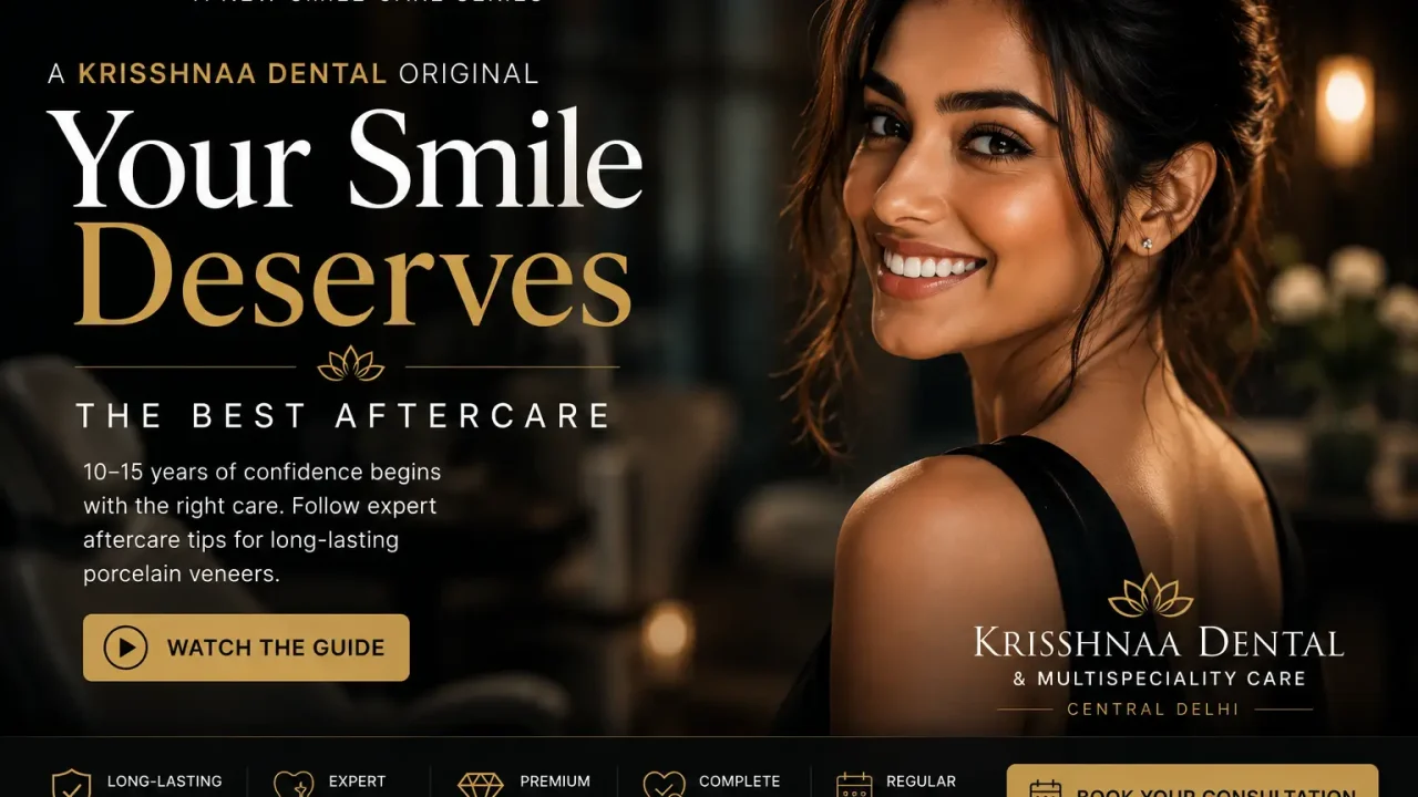 confident woman with a flawless porcelain veneer smile promoting expert veneer aftercare at Krisshnaa Dental & Multispeciality Care, Central Delhi. Premium cosmetic dentistry, smile makeover, veneer maintenance, and long-lasting smile care