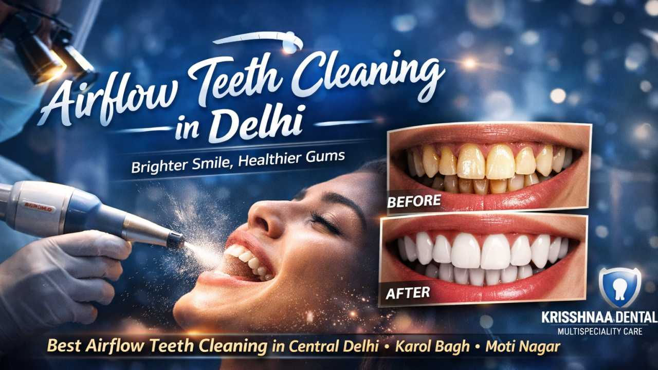 Airflow Teeth Cleaning in Delhi at Krisshnaa Dental showing advanced stain removal procedure with before and after results, offering best airflow teeth cleaning in Central Delhi, Karol Bagh and Moti Nagar Delhi.