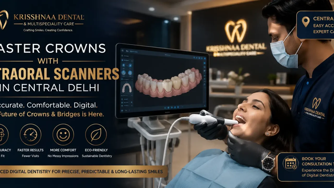 Dentist using intraoral scanner in Central Delhi for digital crown impression at Krisshnaa Dental clinic