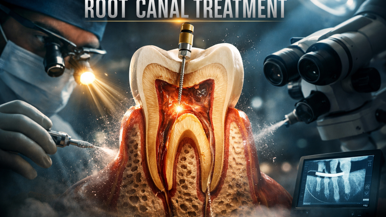 illustration of root canal treatment showing infected tooth pulp being cleaned with dental instruments under advanced microscope technology
