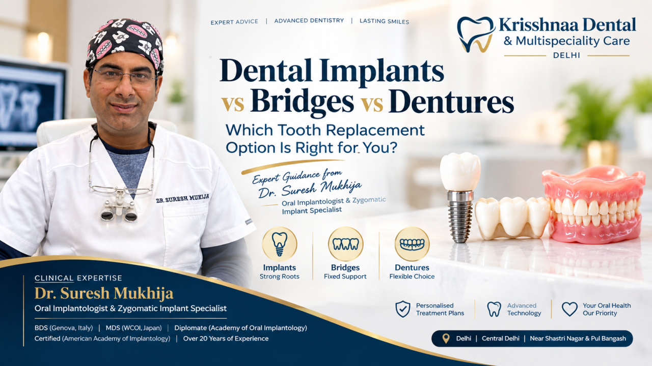 Dr. Suresh Mukhija at Krisshnaa Dental & Multispeciality Care, Delhi, featured in an educational banner comparing dental implants, dental bridges and dentures for missing teeth.