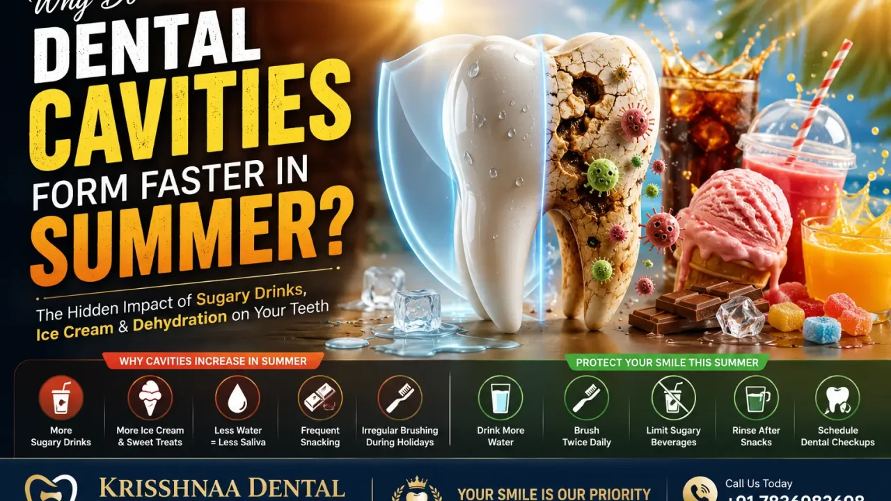 3D cinematic dental banner showing a tooth affected by sugary drinks, dehydration, and summer habits leading to cavities
