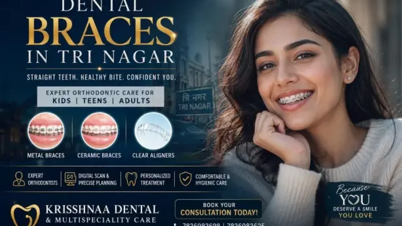 Young woman smiling confidently with dental braces, promoting expert orthodontic treatment, metal braces, ceramic braces and clear aligners near Tri Nagar at Krisshnaa Dental & Multispeciality Care, Central Delhi.