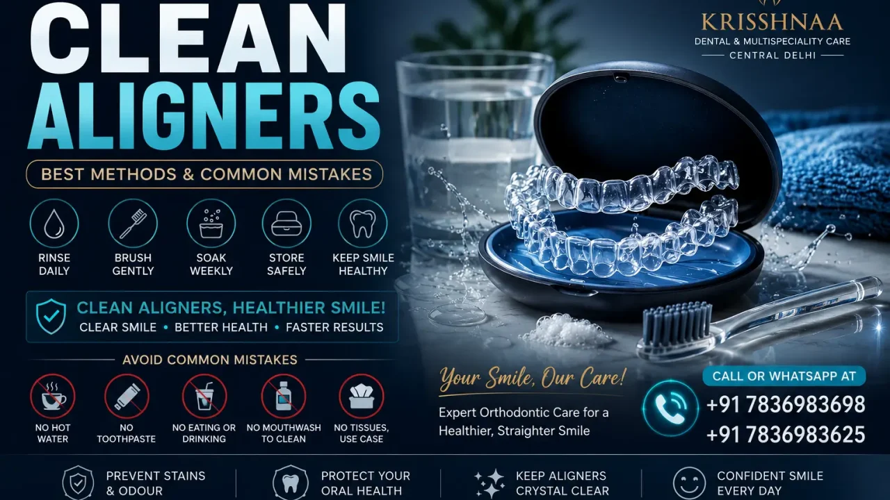 clear aligners being cleaned beside a toothbrush and aligner case with tips for proper aligner cleaning from Krisshnaa Dental & Multispeciality Care, Central Delhi.