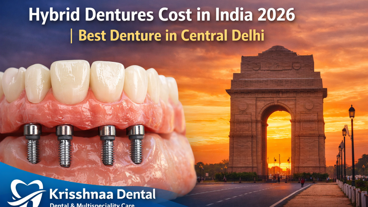 Hybrid dentures cost in India 2026 banner showing implant supported dentures with dental implants and India Gate background promoting best denture in Central Delhi at Krisshnaa Dental & Multispeciality Care