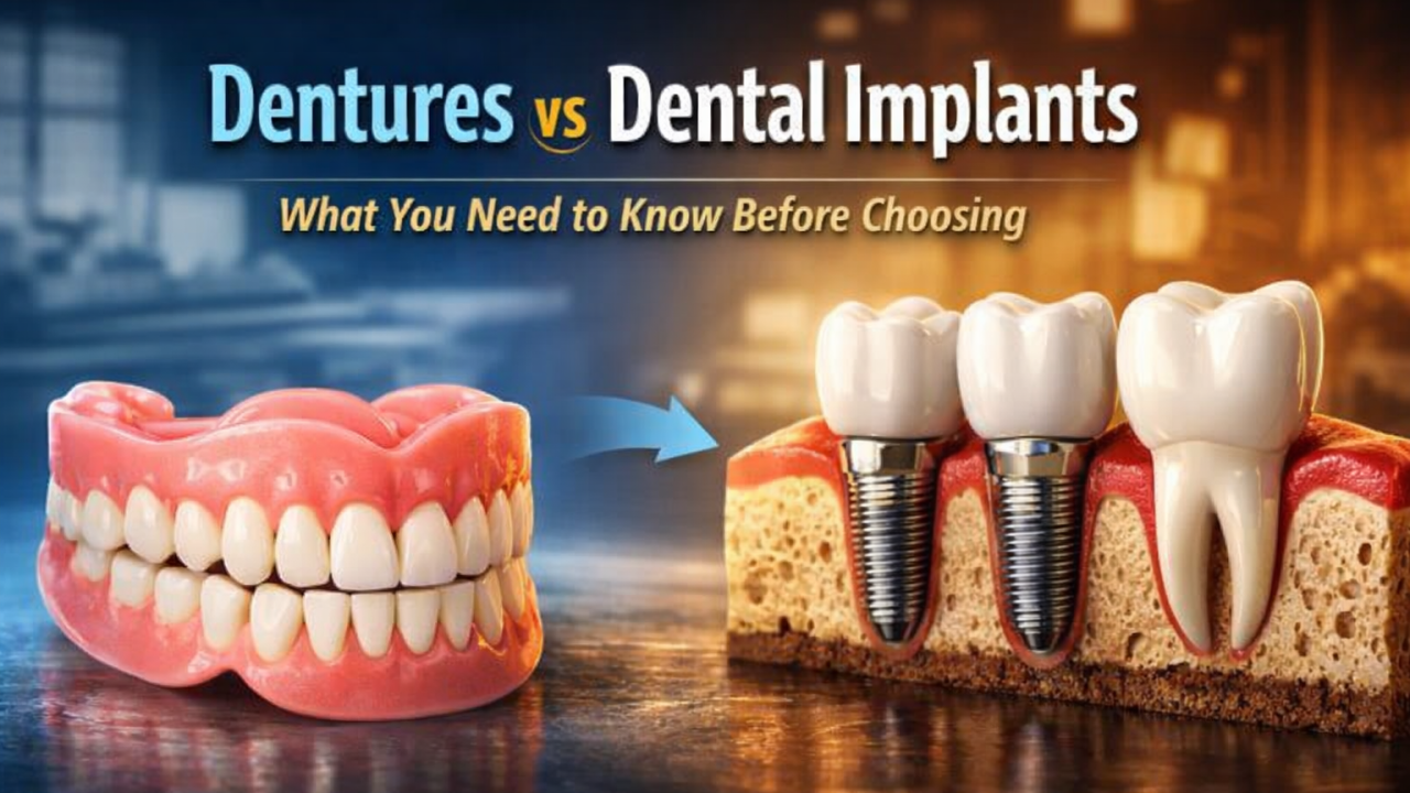 Dentures vs dental implants comparison showing removable dentures and titanium dental implants used for replacing missing teeth