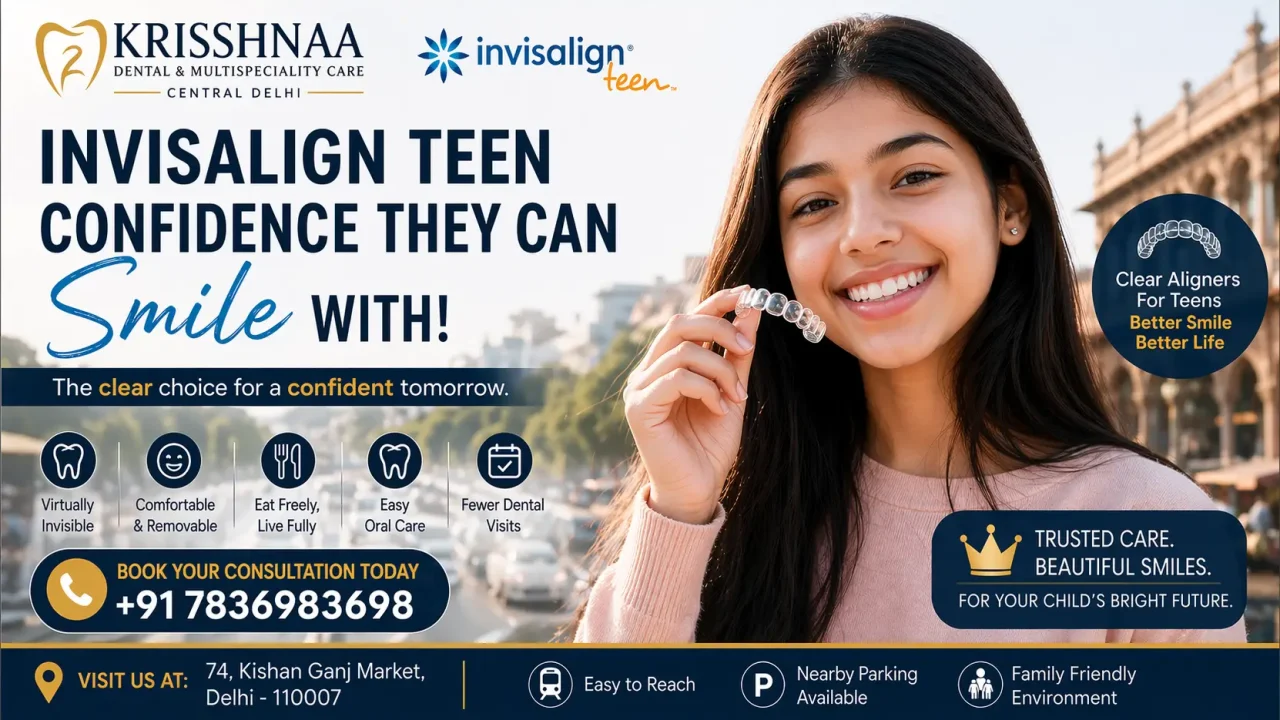 Teen girl smiling while holding Invisalign Teen clear aligners at Krisshnaa Dental & Multispeciality Care, Central Delhi offering painless invisible braces and advanced orthodontic treatment near me