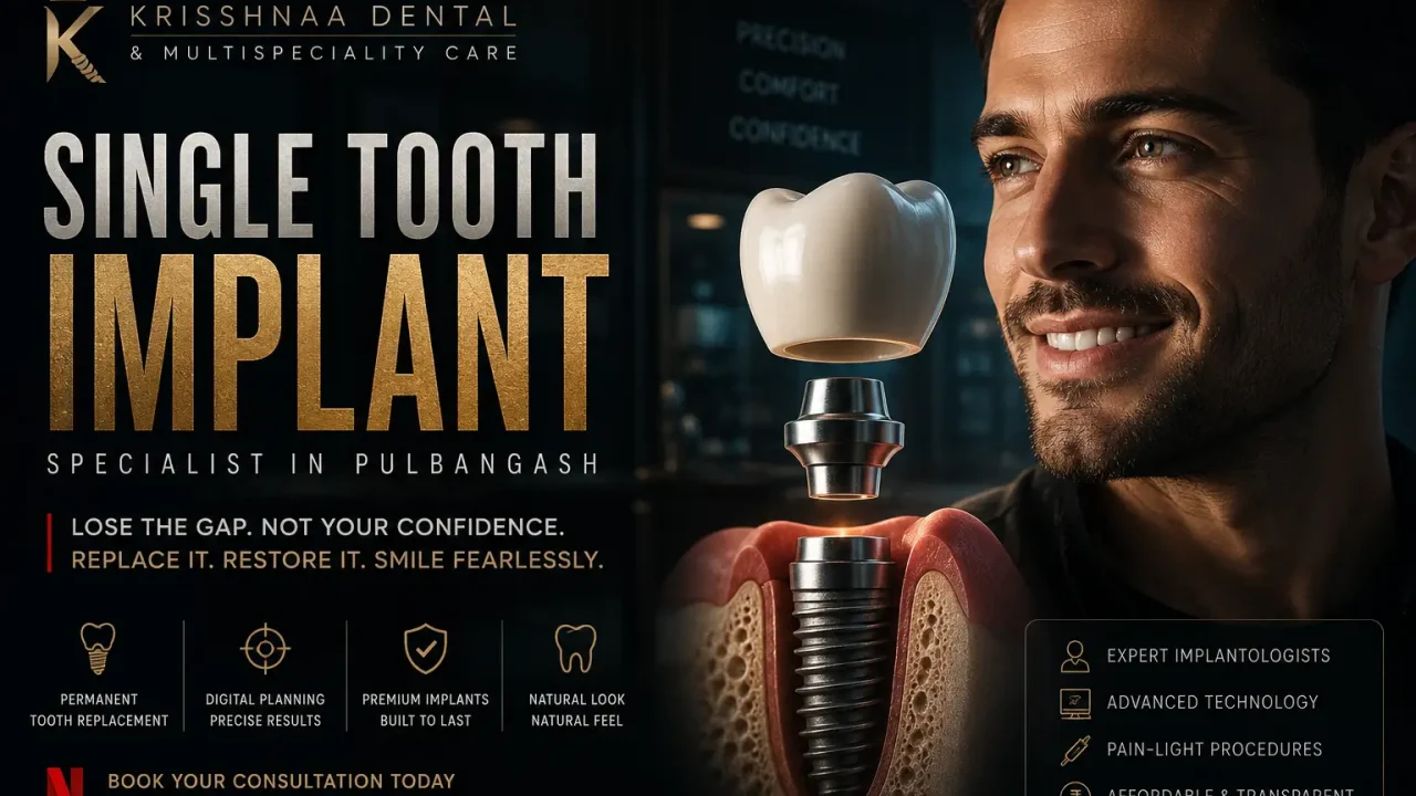 Patient smiling after a single tooth dental implant treatment at Krisshnaa Dental & Multispeciality Care in Pulbangash, Central Delhi, featuring a premium dental implant illustration and advanced implant dentistry.