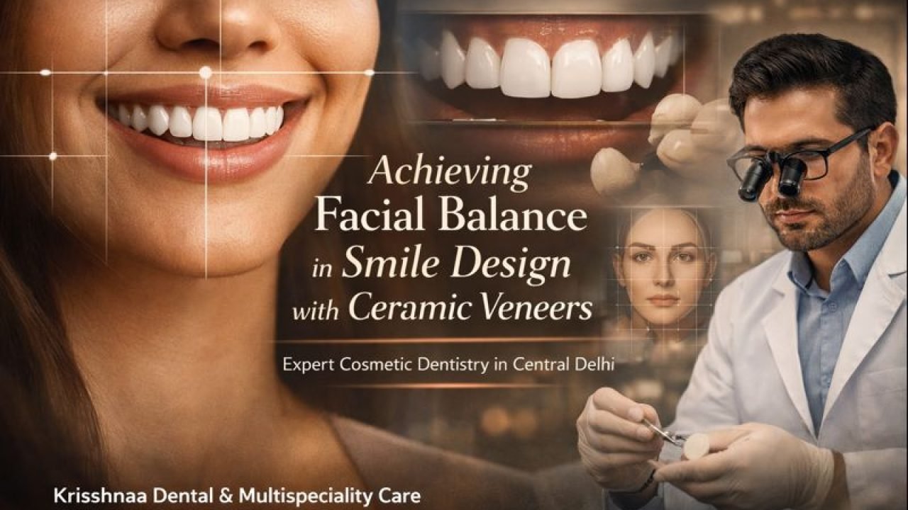 Smile design using ceramic veneers focused on facial balance at Krisshnaa Dental & Multispeciality Care Central Delhi