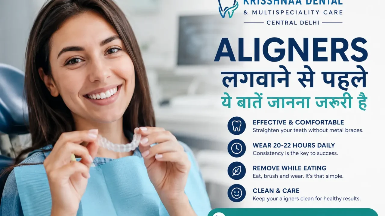 Clear aligners treatment consultation at Krisshnaa Dental & Multispeciality Care, Central Delhi showing a patient holding transparent aligners before starting teeth straightening treatment.