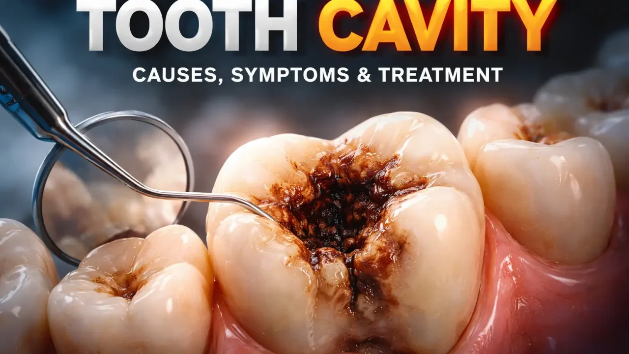 Close-up cinematic image of a molar tooth cavity showing early tooth decay signs with dental mirror and explorer tool at Krisshnaa Dental Delhi