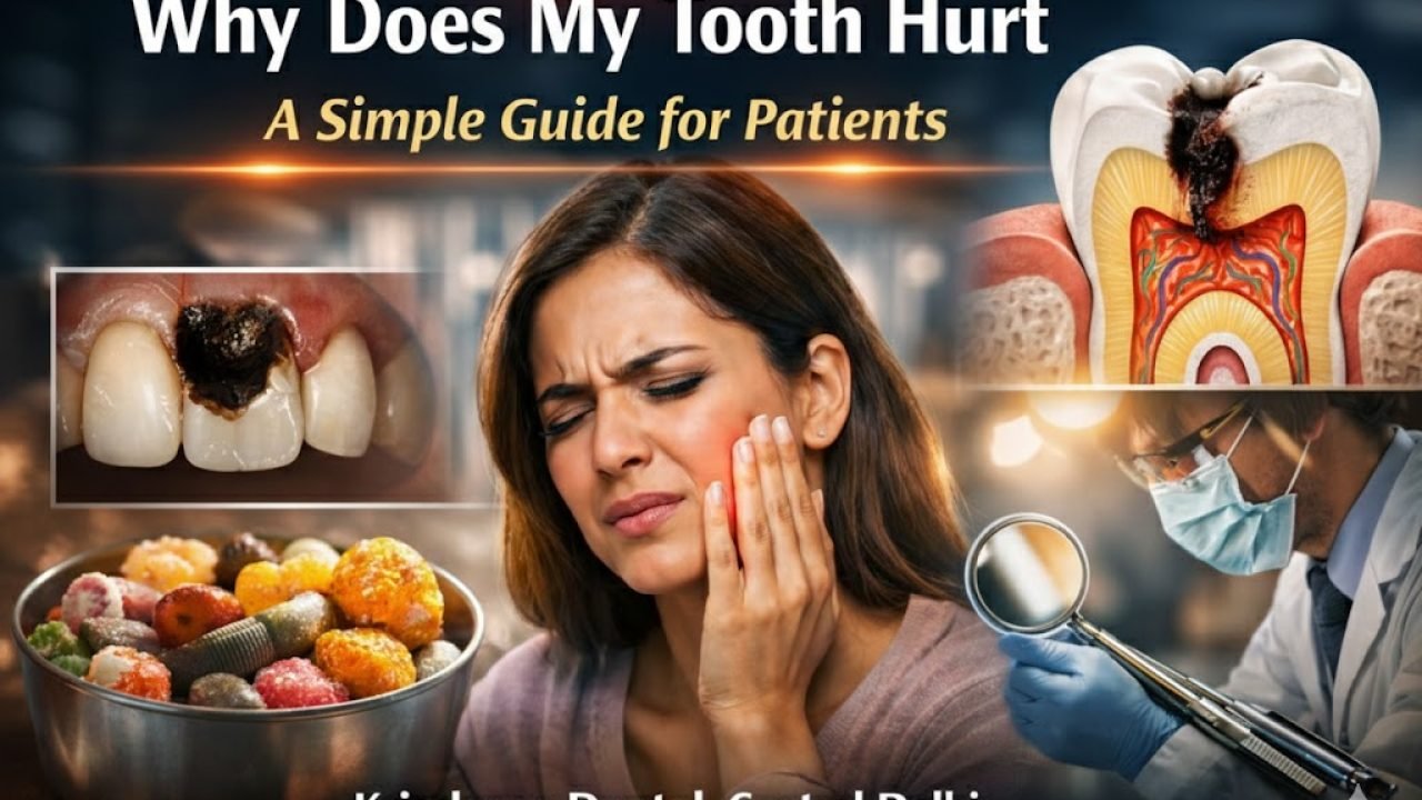 Woman holding her cheek in pain while eating sweets, showing tooth decay and sensitivity concept, dental cavity close up and dentist examining tooth, banner for Krisshnaa Dental Central Delhi.