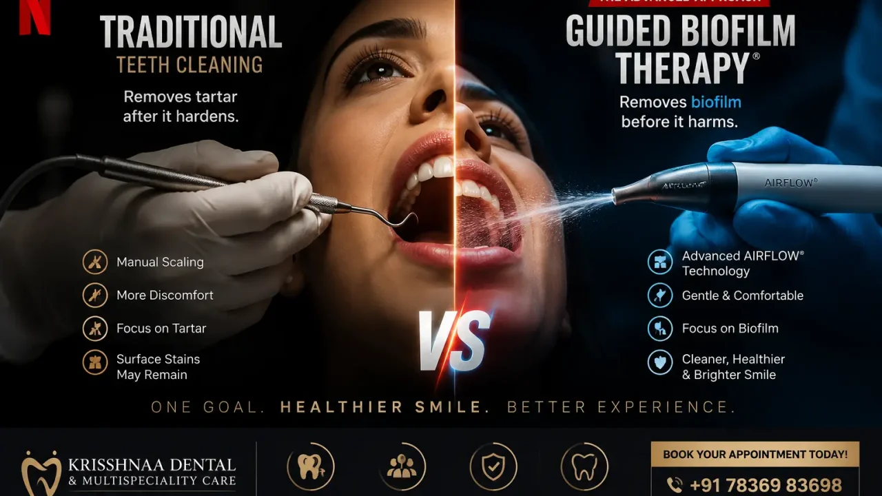 Learn the difference between Guided Biofilm Therapy and traditional scaling. Discover a gentler way to remove plaque, protect gums, and keep your smile healthy.