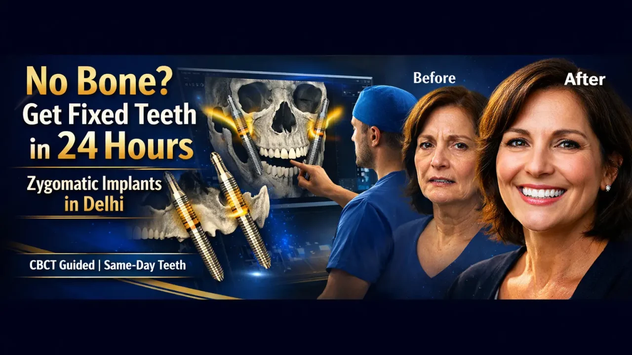 Patient smile transformation after zygomatic implant treatment for severe upper jaw bone loss at Krisshnaa Dental Central Delhi